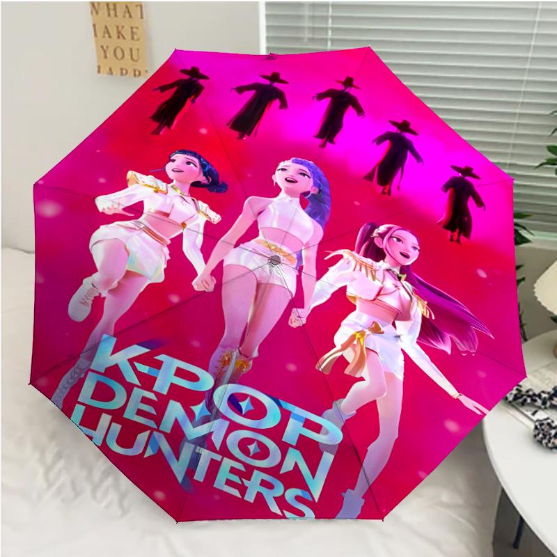 Kpop Hunter10 Print Automatic Umbrella, 8 Rib Iron Frame, Plastic Handle, Suitable for Outdoor Travel &Daily , Ideal Gift