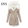 Long Down Jacket Women Winter Cotton Coat Plus Size Faux Fur Hood Fleece-lined Zip-up Temperature Locking Press Button Closure Windproof Mid