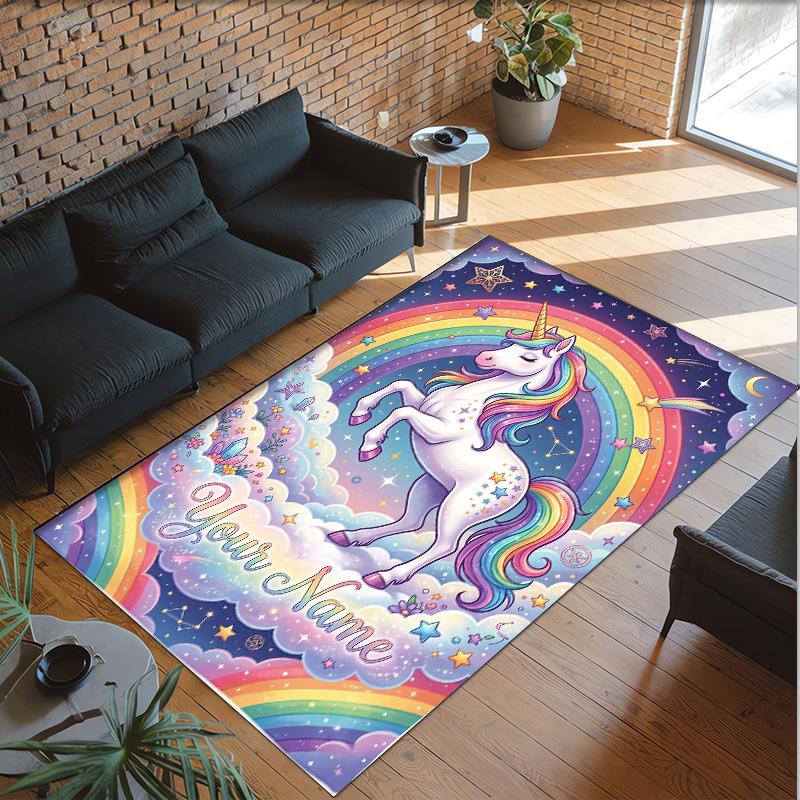 Alfombra de Suelo de Terciopelo de Cristal con Temática de Unicornio, Alfombra Cálida Personalizada con Nombre y Texto, Decoración del Hogar