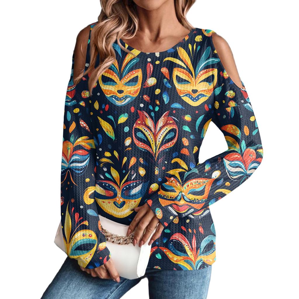 Women's Winter Oversized T-Shirt Fashionable Off-the-Shoulder Round Neck Vintage Floral Print Pullover Long-Sleeved Top