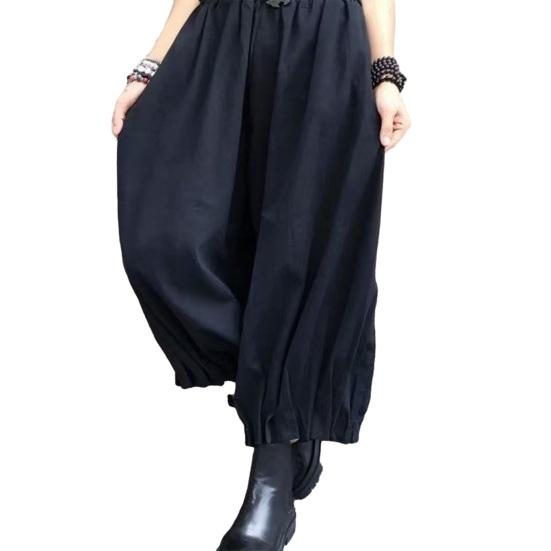 Women Bloomer Elastic High Waist Wide Leg Trousers with Pockets Solid Color Loose Fit Casual Pants Work Travel Daily Wear