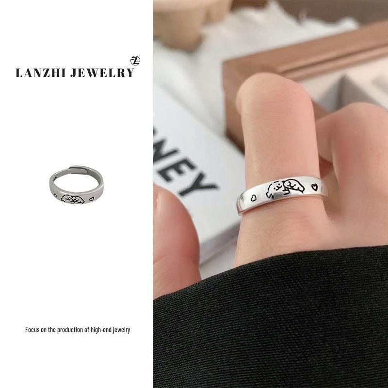 

Lan Zhi 925 Sterling Silver Minimalist Cat & Dog Couple Ring - Unisex, Fade-Resistant, Large Circle. Adjustable Opening