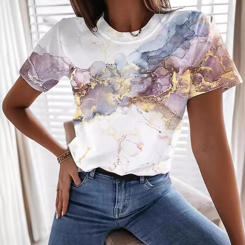

Women s Summer 3D Printed Short Sleeved Floral Round Neck Short Sleeved T-shirt XL