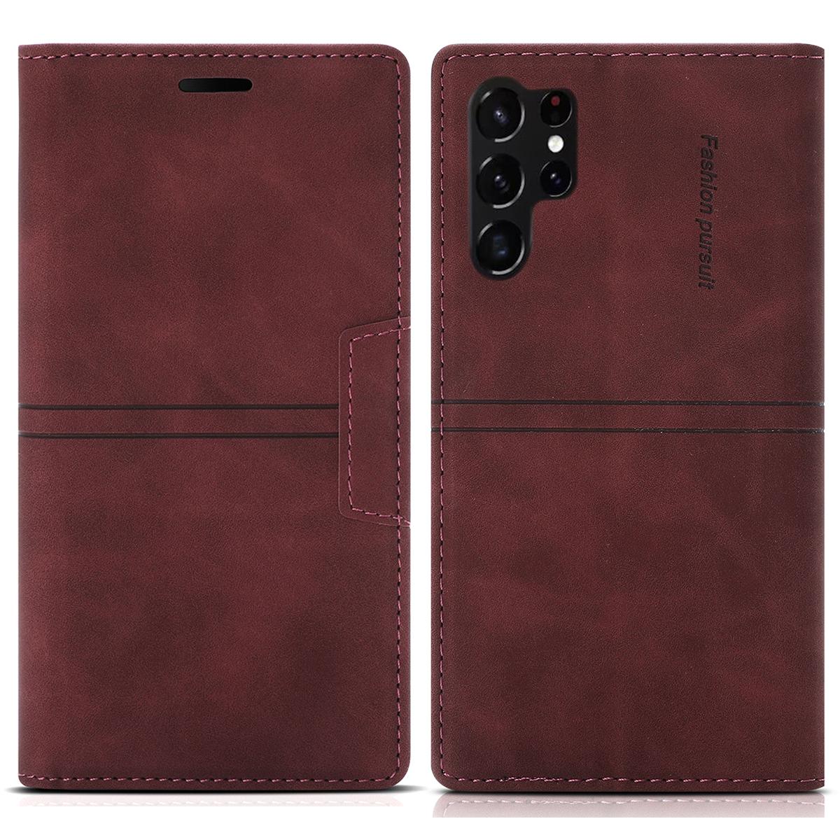 

For Samsung Galaxy S25 Ultra Wallet Case Magnetic Closing Leather Phone Cover Wine Red