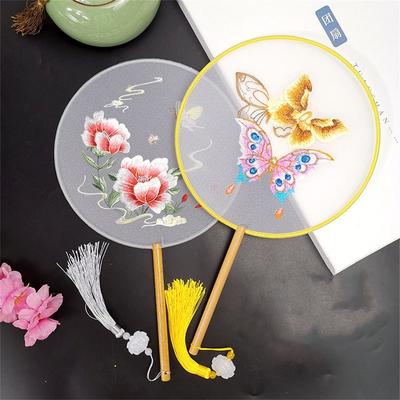 Round Double Sided Embroidery Fan Chinese Style Wooden Handle Embroidery Round Fan with Pendant Handheld Flower Silk Fan