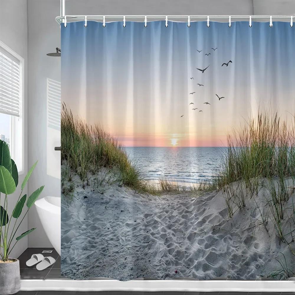 Ocean Landscape Shower Curtains Beach Coconut Tree Dolphin Sea Waves Summer Nature Scenery Bath Curtain Cloth Bathroom Decor Set