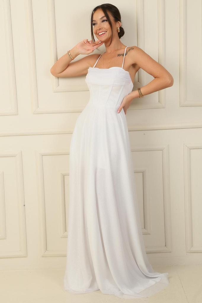 İp Askılı Balenli Üstü Drapeli Astarlı Tül Simli Uzun Abiye Elbise