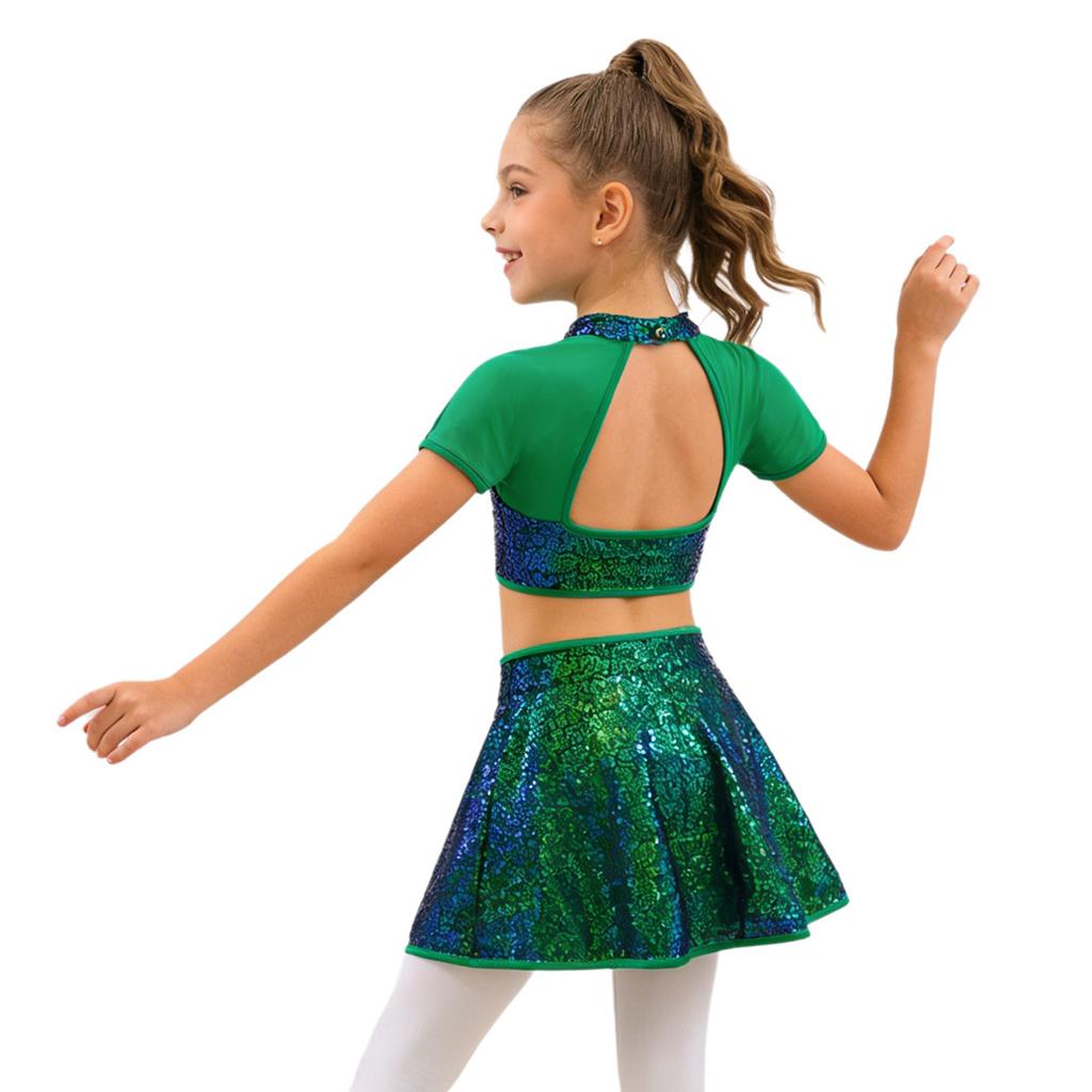 Set da Ballo per Bambina Top Corto e Gonna con Paillettes Lucide, Collo Alto, Maniche Corte, Patchwork in Rete, Schiena Scoperta
