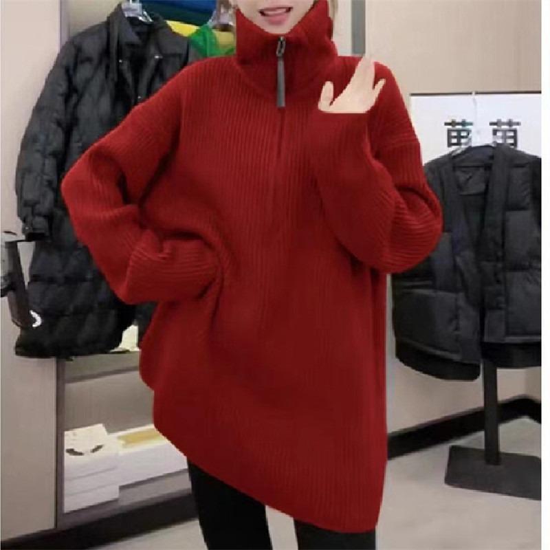 

Осень и зима новый утолщенный свитер-куртка со стойкой воротником женский новый свободный и тонкий трикотажный топ с высоким воротником увеличенного размера average size красный