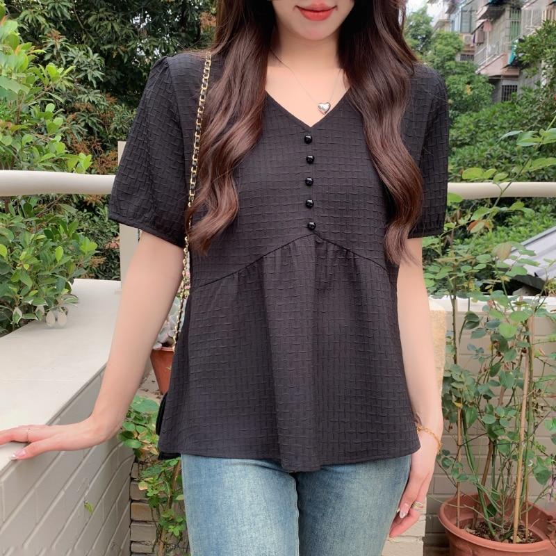 Korean Fashion Summer V Neck Blouse Women 2023 Sweet Short Sleeve Tops Elegant White Pleated Casual Loose Ruffles Shirts 26954