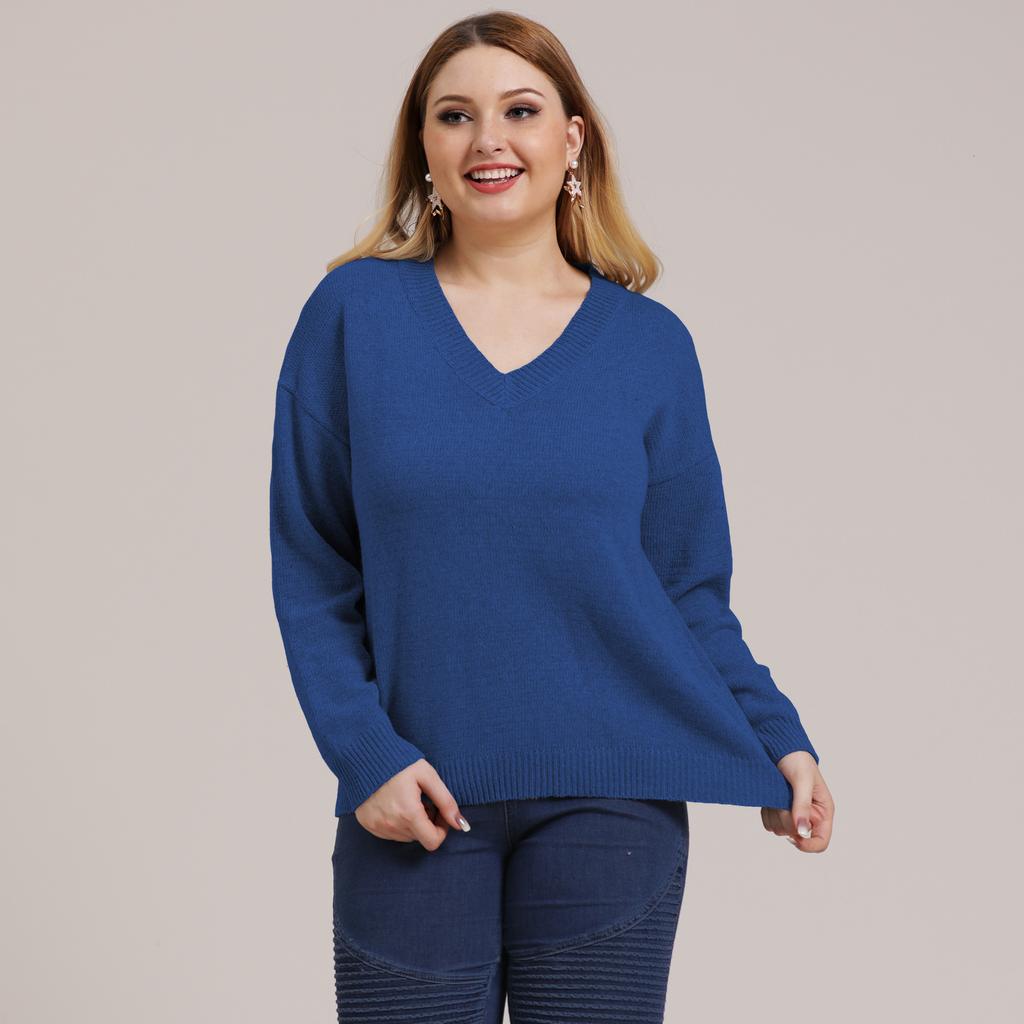 Autumn and Winter Plus Size Women's Solid Colour Simple Woven V-neck Pullover Jumper