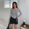 New Arrivals Open Run Women Mesh Design Asymmetrical Long Sleeve Shirring Knit