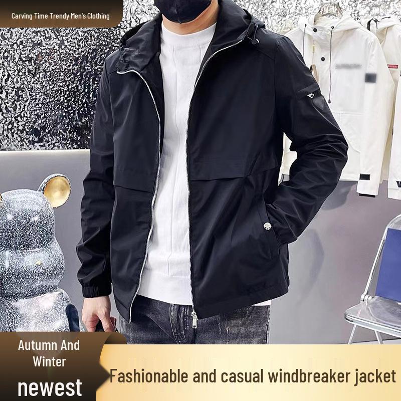 2024 Spring/Autumn Men s Casual Hooded Windbreaker - Stylish Zipper Jacket M чёрный