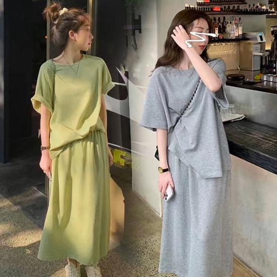 2 pezzi/set da donna, top e gonna, scollo tondo, tinta unita, maniche corte, maglietta, vita regolabile, gonna lunga plissettata, casual, per pendolari e appuntamenti