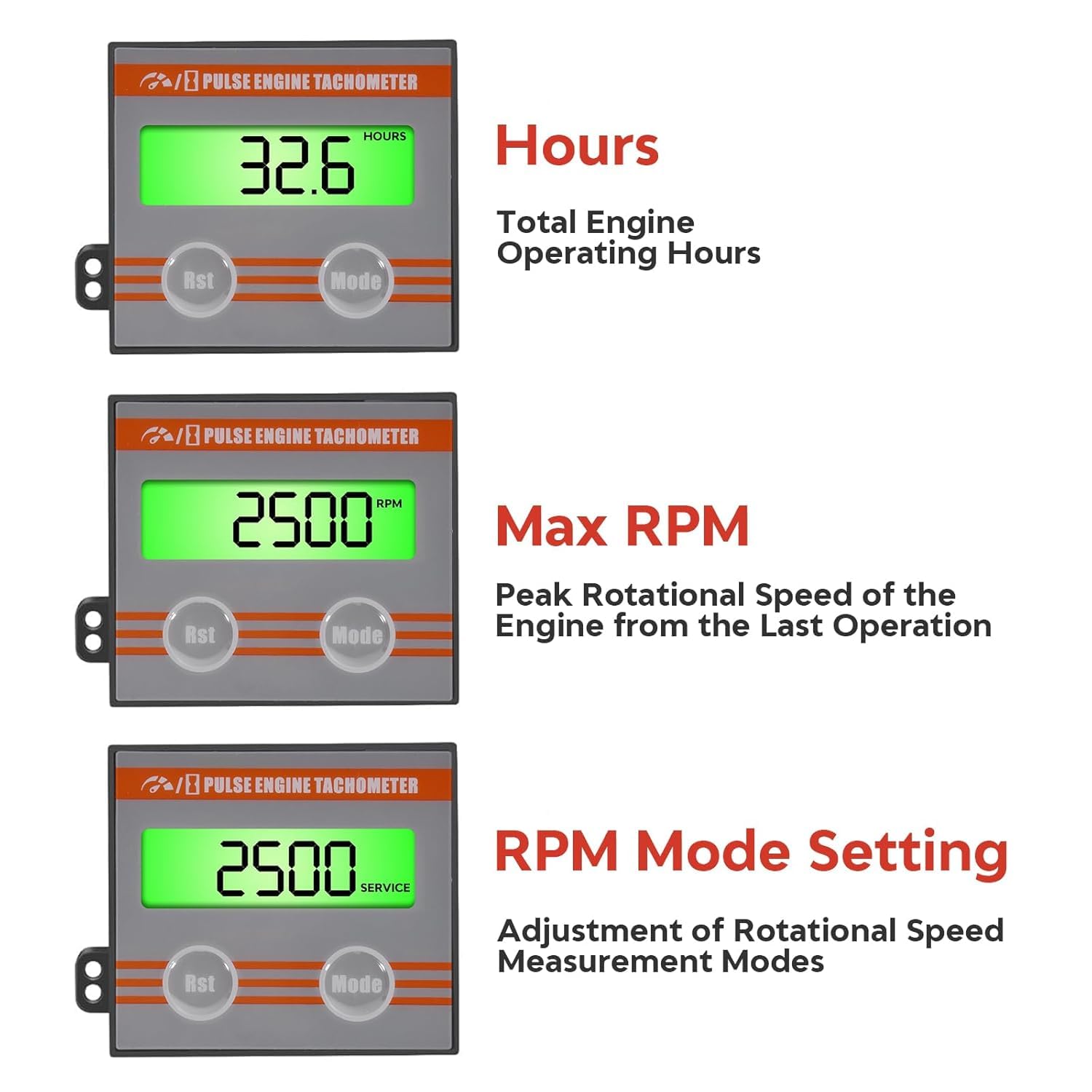 

Digital Engine Tachometer Inductive with Clip - Mini Tach Gauge with Hour Meter & Backlight, Multi-Purpose Engine Meter for Lawnmower,Compressors,