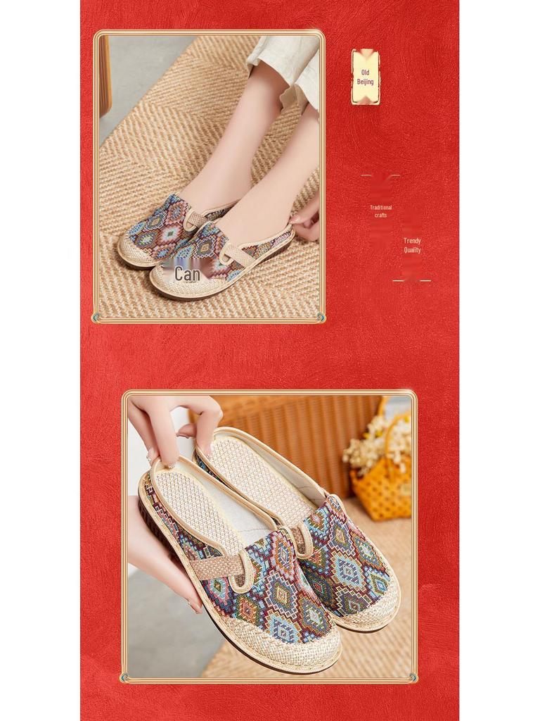 Women's Ethnic Linen Closed-Toe Half Slippers – 2025 New Soft Sole Casual Shoes