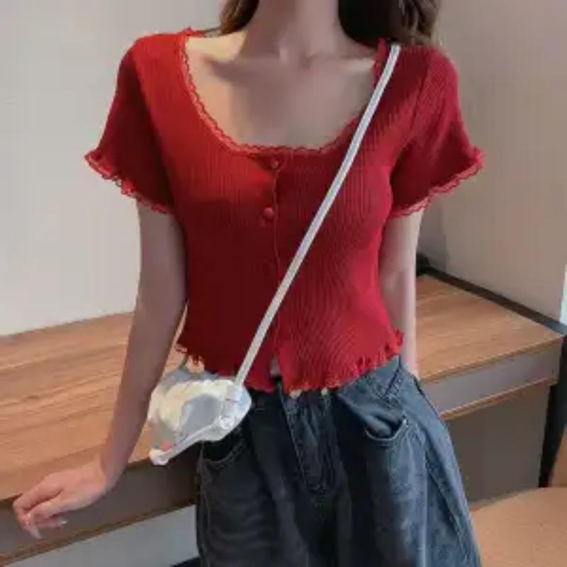 

Summer Women Black Ribbed Lace Trim Button Up Crop Top OneSize червоний