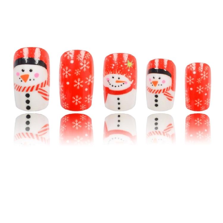 Medium Square False Nail Christmas Acrylic Nail Snowman Full Cover Stick On Nail White Snowflake Press On Nail