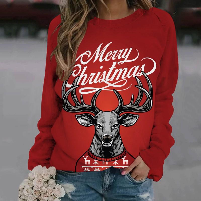 Womens Christmas Elk Print Crewneck Sweatshirt Casual Long Sleeve Top