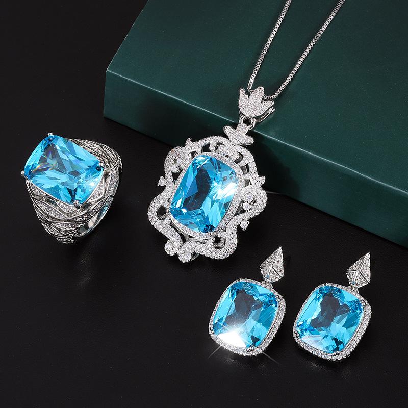 Jewelry Retro Style Simulation Topa Blue Full Diamond Luxury Set Creative Set Necklace 12 * 16 Stud Earrings 12 * 14