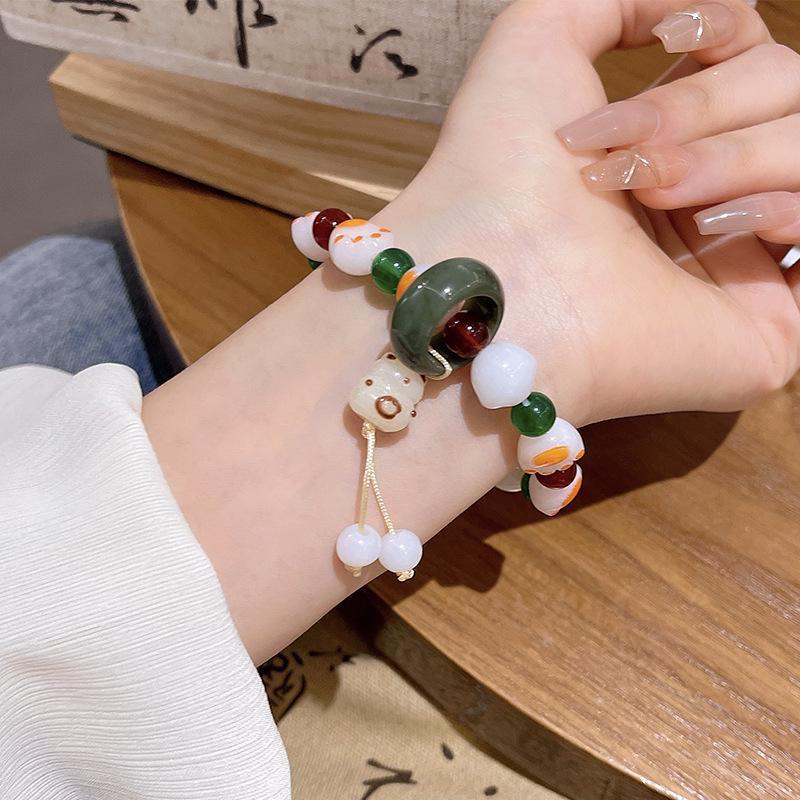 Chic Medieval Chinese-Style Cat Claw Bracelet: Charcoal-Roasted, Imitation White Jade & Bodhi Seeds, Soft Play Women's Jewelry
