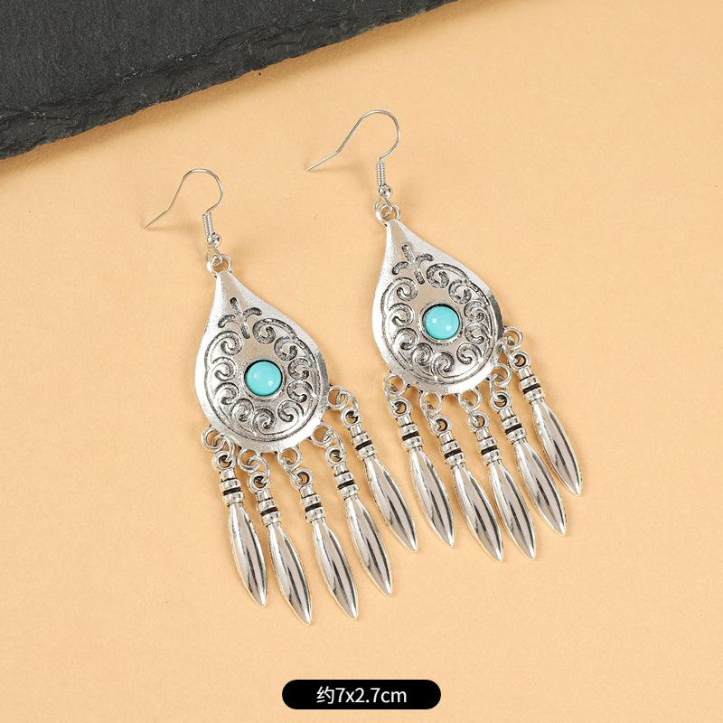 Vintage Miao silver fringed earrings with turquoise long Indian bohemian earrings Exotic earrings