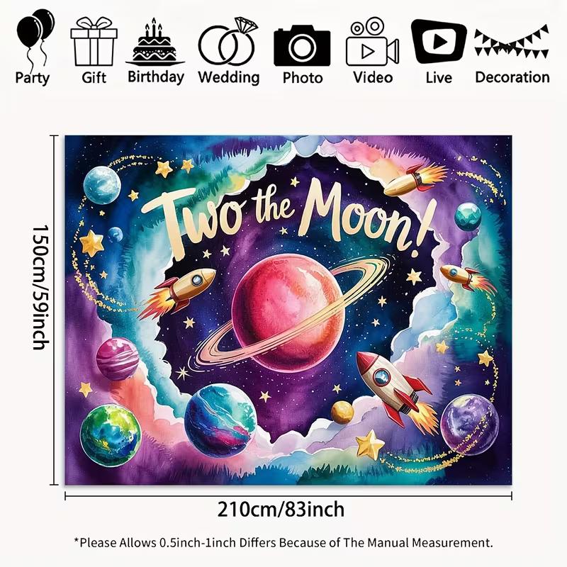 

2D Two the Moon Backdrop, Outer Space 2nd Birthday Photography Background Cloth 47.2x31.5inch/120*80cm