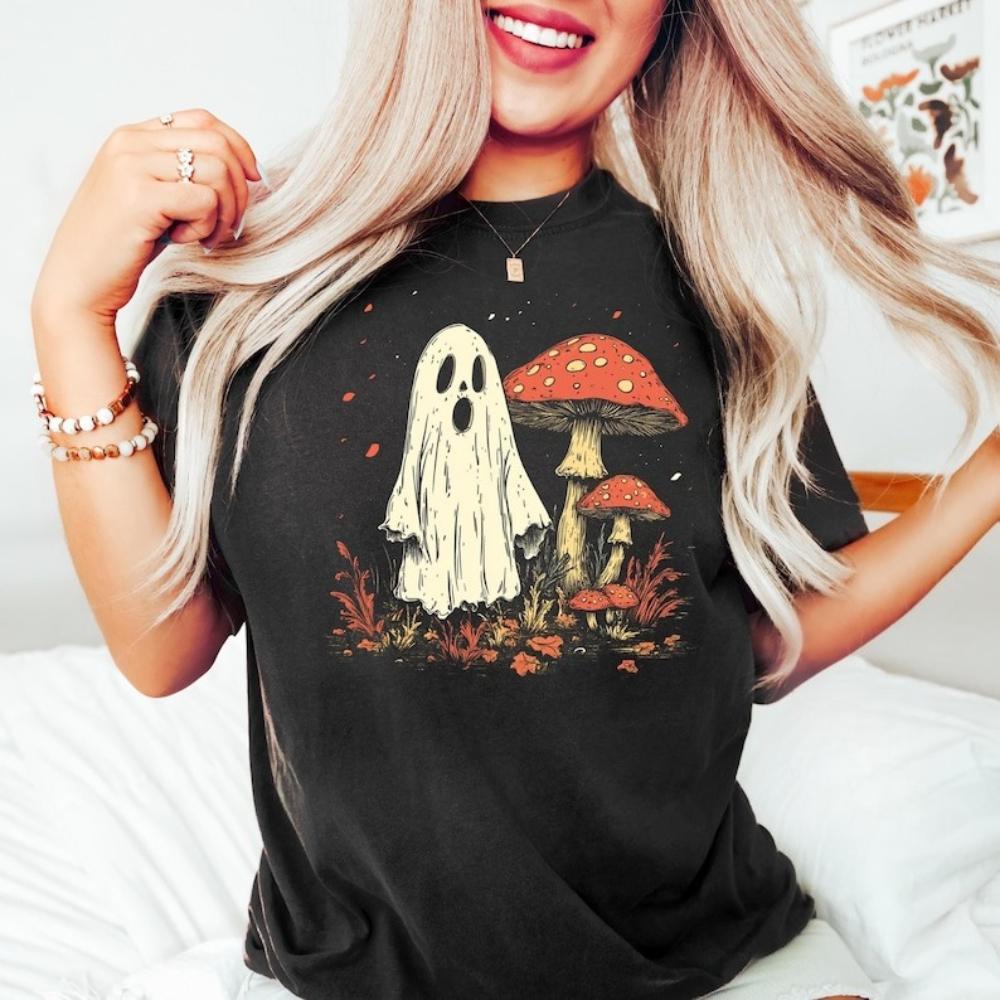 Cottagecore Ghost Mushroom TShirt Halloween Unisex Shirt Spooky Season Tee Autumn Outfit Cute Women Attire Festival Costumes