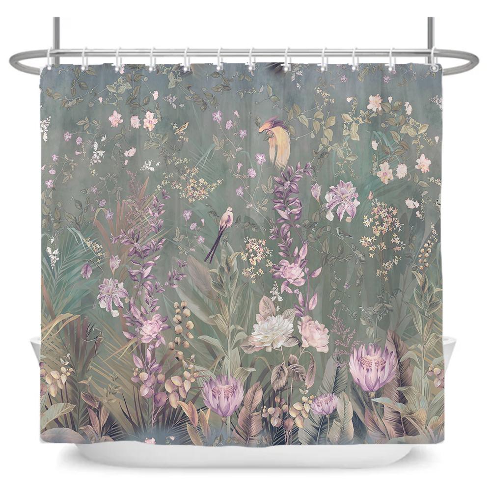 Flowers Shower Curtain Watercolor Flower Bath Curtain Print Polyester Fabric Waterproof Bathroom Curtains with Hooks Bath Screen