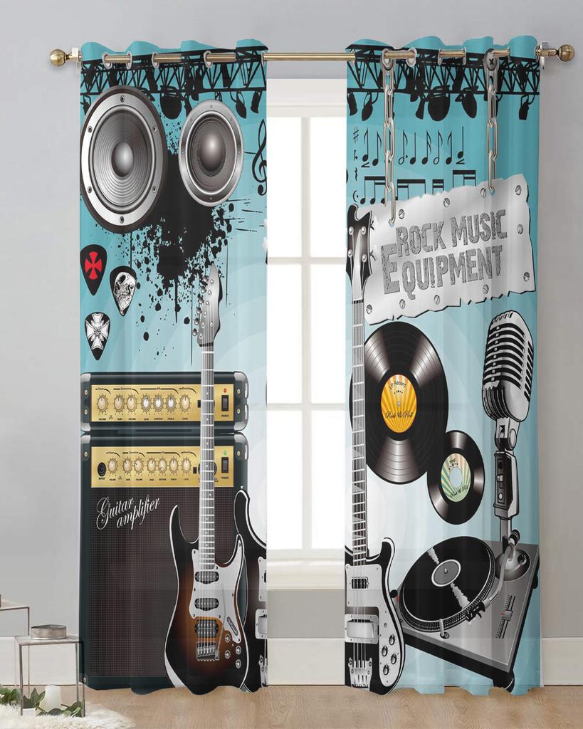 Rock Music Speaker Guitar Sheer Curtains for Living Room Decoration Window Curtains for Kitchen Tulle Voile Organza Curtains