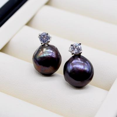 Black Pearl Earrings Irregular Baroque Pearl Silver Earrings Zirconia Shiny Stud Earrings Vintage Jewelry Women's Earrings