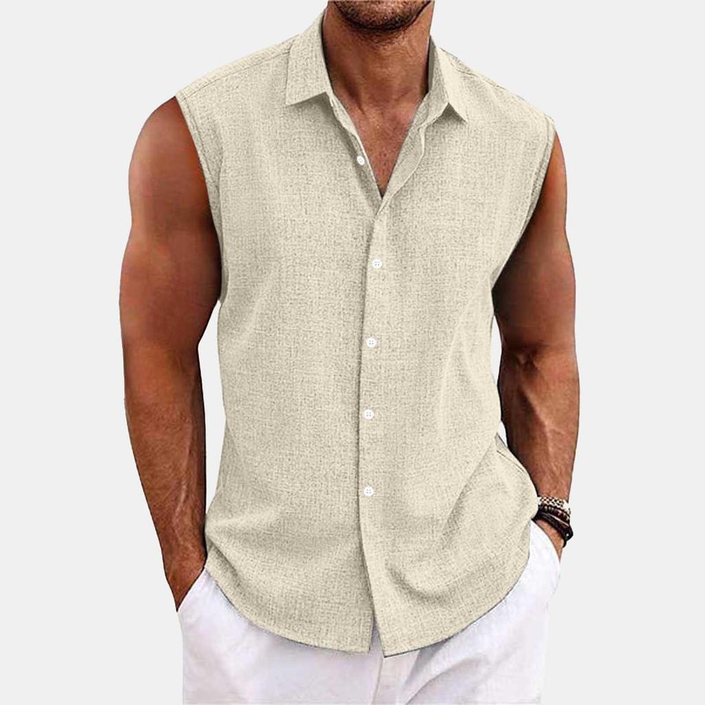 Men's Solid Color Lapel Button Up Vest Shirt T-shirt Top