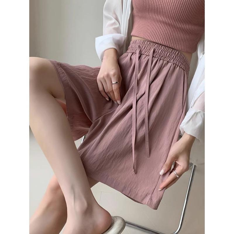 Muscle Sense Shorts, Women's Summer Thin Elastic Waist Loose Straight Pleated Cool Pants, Thin Wide Leg Five Pants