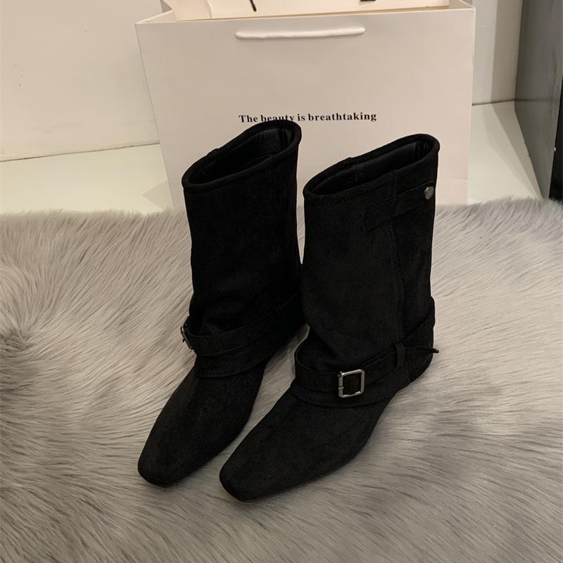 Vintage Suede Khaki Short Boots Women's Boots French Boots Autumn Niche Design Western Pile Boots Knight Boots