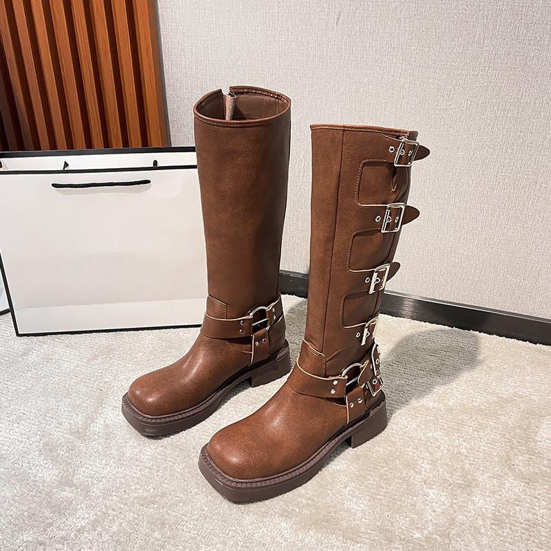 

Модные женские мотоциклетные ботинки в стиле Ins, модные, с металлической пряжкой, из натуральной кожи, винтажные, осенне-зимние, готические, на платформе, до колена, обувь 35 коричневый