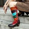 Retro Printed Patchwork Women's Long Boots Handmade Genuine Leather Lace Up Mid-calf Boots