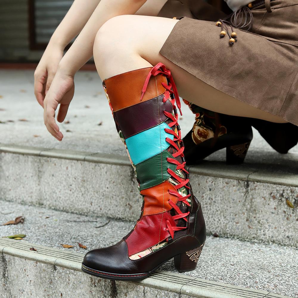 Retro Printed Patchwork Women's Long Boots Handmade Genuine Leather Lace Up Mid-calf Boots