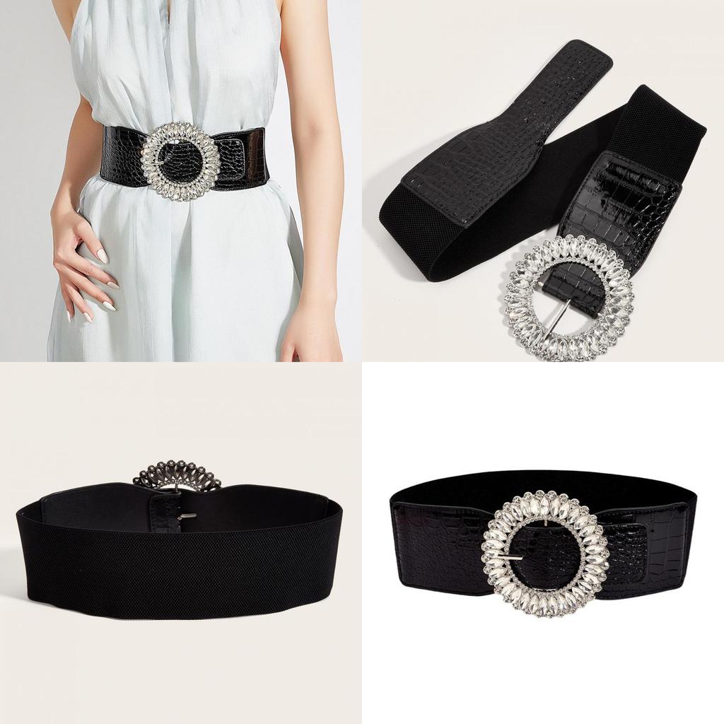 Vintage Korean Style Wide Belt For Dresses With Alloy Buckle And Elastic Waist For Winter Fashion