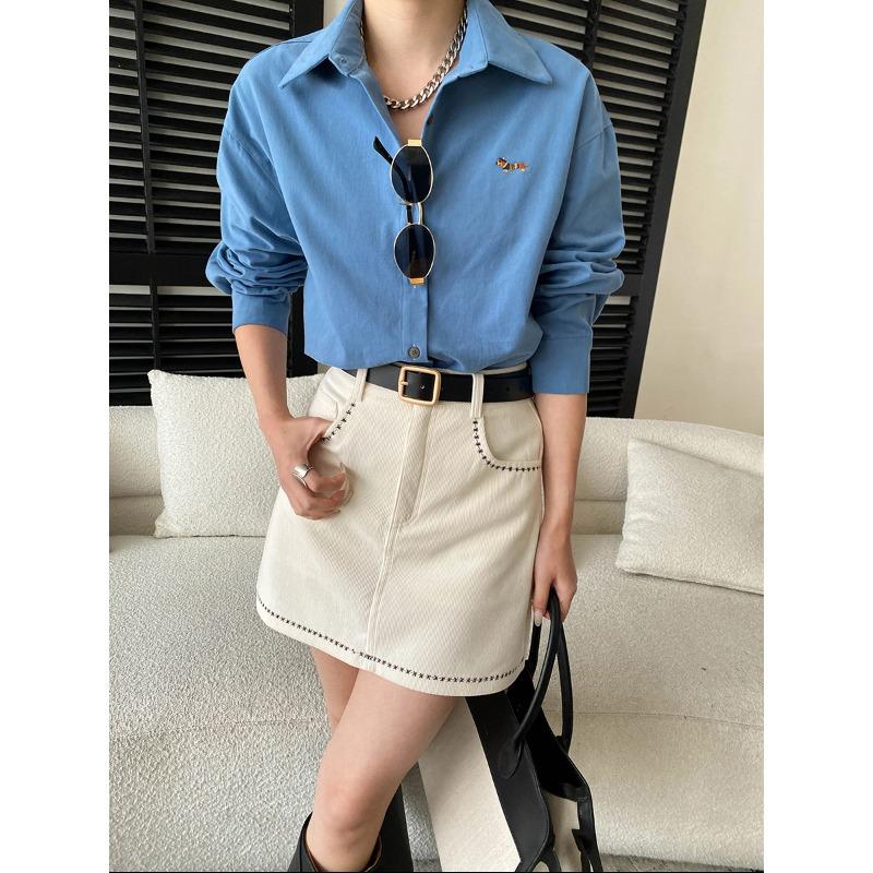 Sinan Early Spring Cartoon Puppy Embroidery Loose Cotton Long Sleeve Shirt