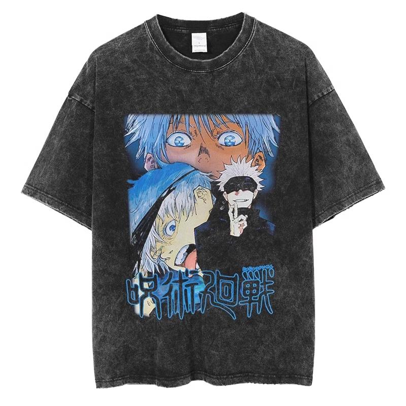 Hot Manga Jujutsu Kaisen T Shirt Gojo Satoru Print Tshirt Vintage Washed Streetwear Men Women Clothes Cotton Oversized Tee Shirt