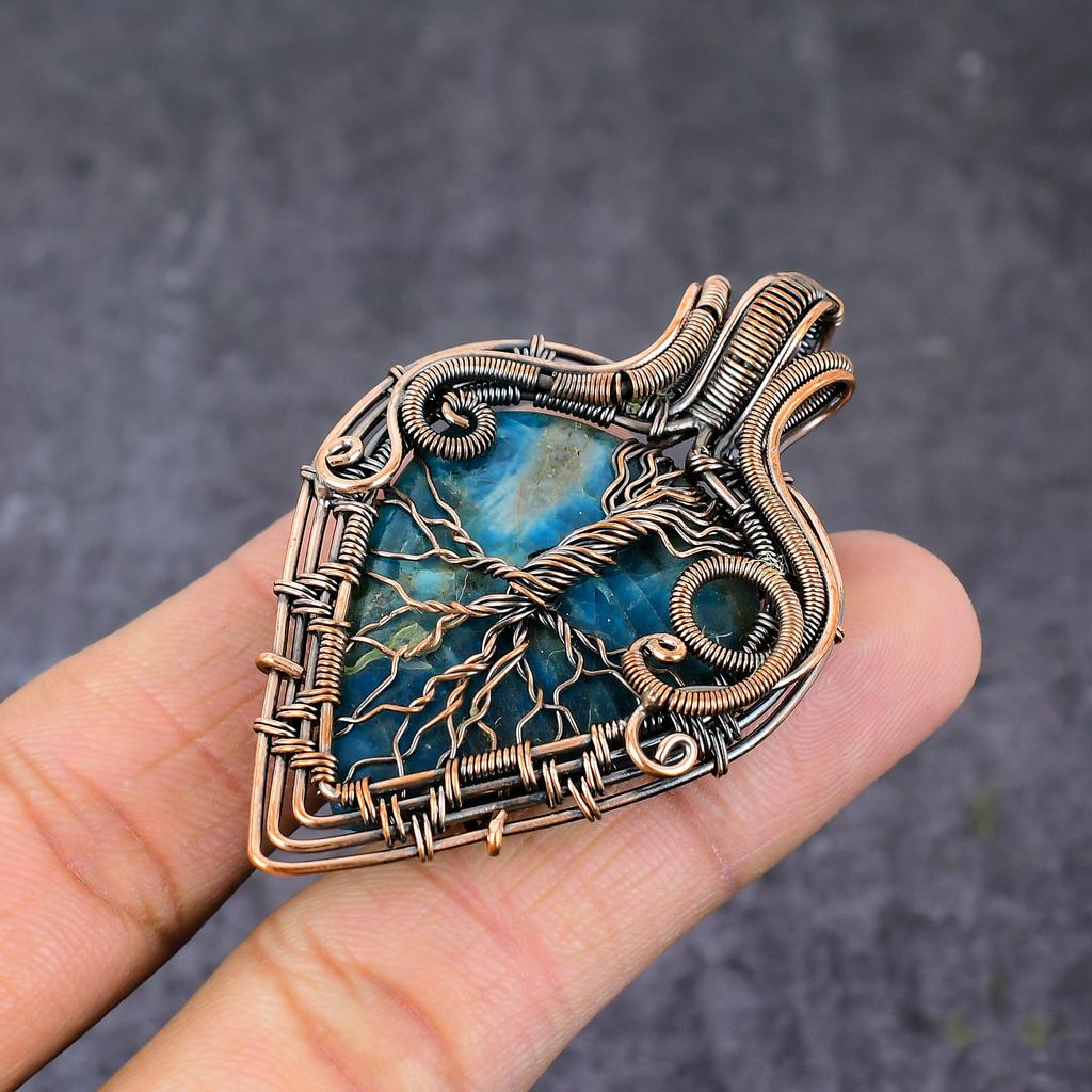 Natural Neon Blue Apatite Copper Wire Wrap Tree Of Life Pendant 2.4" b4o73