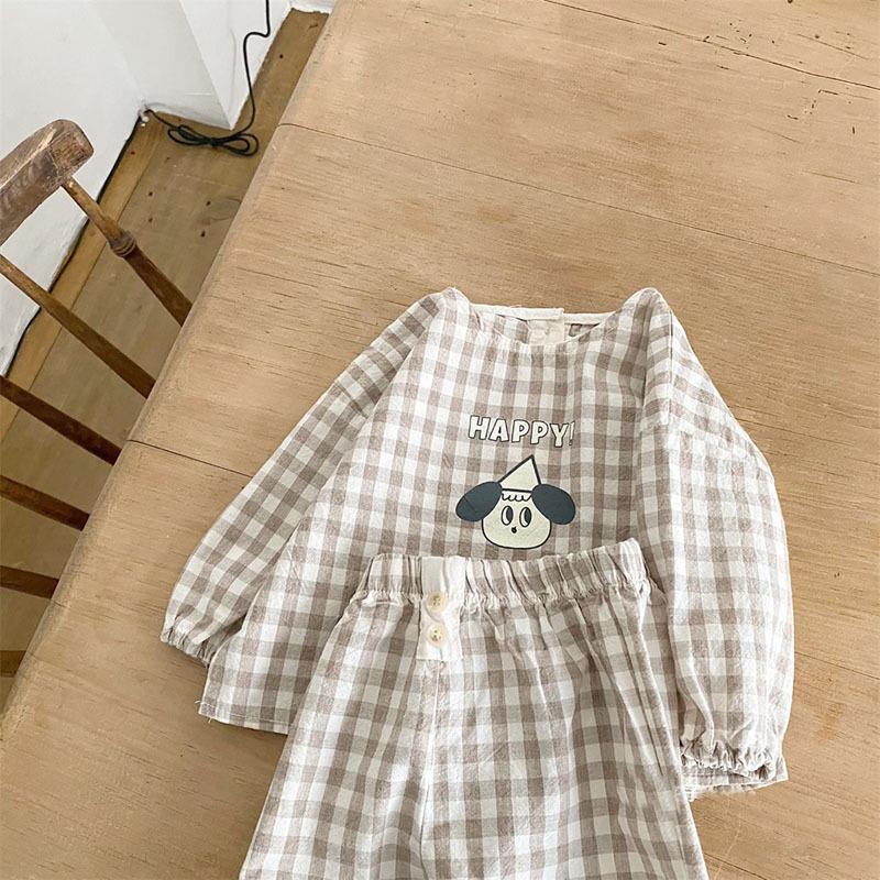 Baby Cotton Linen Clothes Set Plaid Cartoon Casual Tops + Pants 2pcs Baby Set Cute Boy Girls Comfortable Infant Outfits