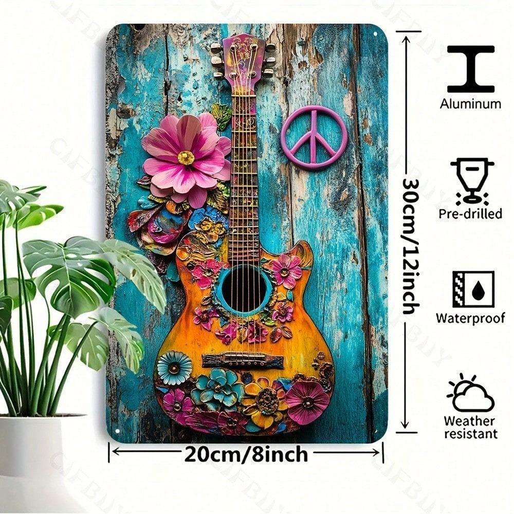 Vintage Hippie Guitar Music Tin Sign 8x12 Inch Metal Wall Decor Home Office Bar Man Cave Art Easy Hang No Power Required