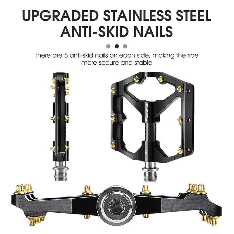 WEST BIKING 3 Bearings Bicycle Pedals Ultralight Carbon Fiber Axle Sleeve Aluminium MTB Road Bike Flat Pedals Cycling Accessory