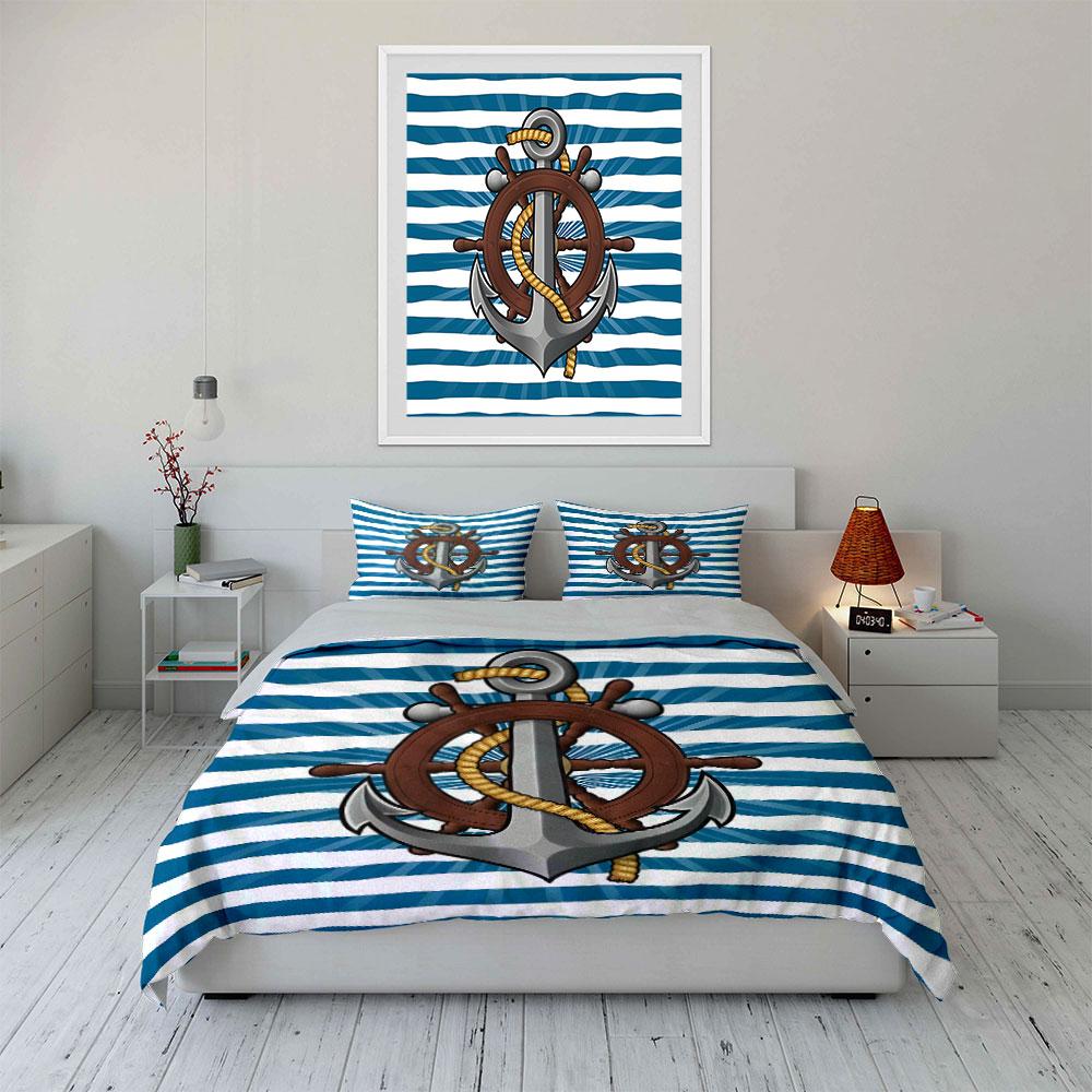 Nautical-Themed Anchor and Wheel Set Exquisite Three-piece Bedding Set Gift for Kids and Adults