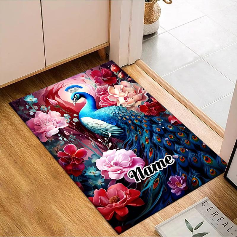 Custom Name Peacock Flowers Romance Rug Game Carpet, Floor Mat for Bedroom Living Room Entryway Rug, Home Decor Idea Gift for Christmas Birthday