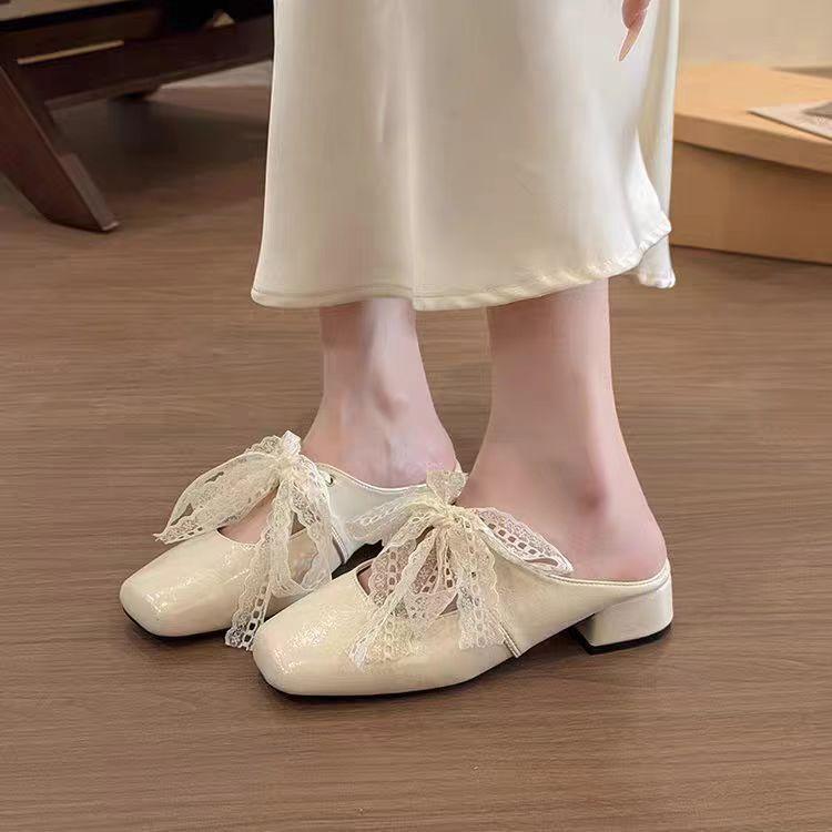 Baotou Half Slippers Women's 2025 New Summer Thick Heel French Sandals Women's Square Head with Lace Muller Single Shoes