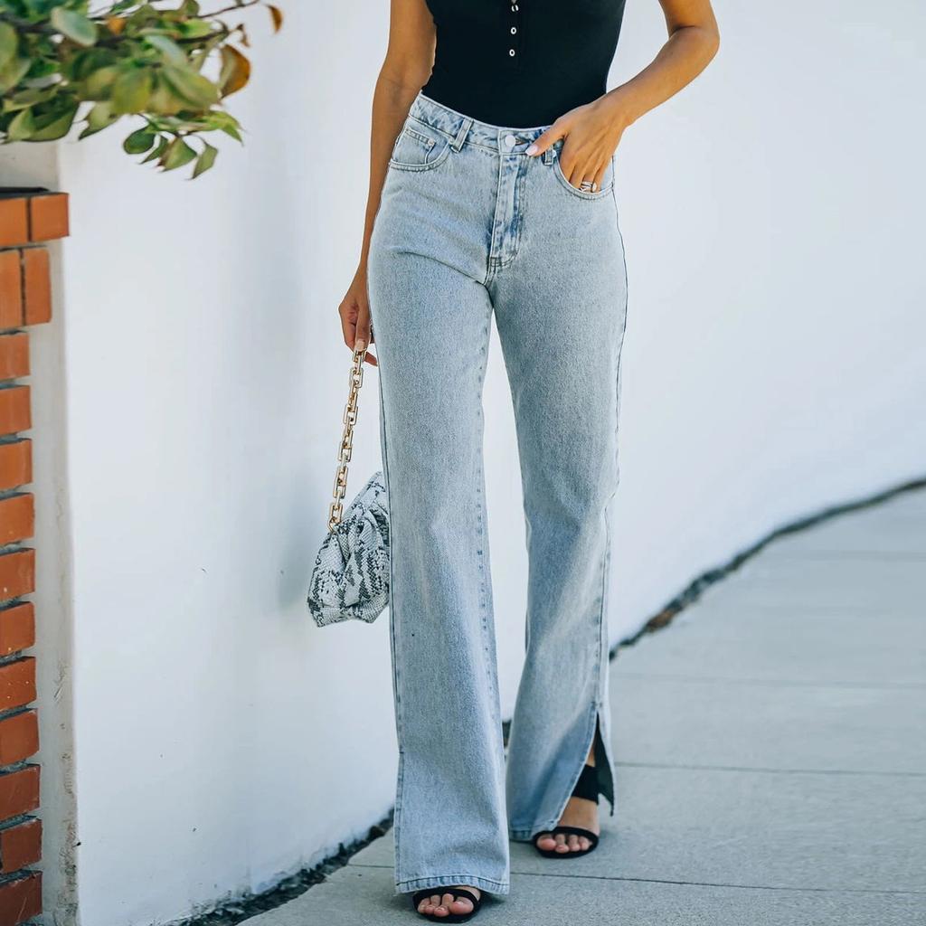 Women's Casual Wash Split Mid-waist  Denim Casual Trousers Long Pants