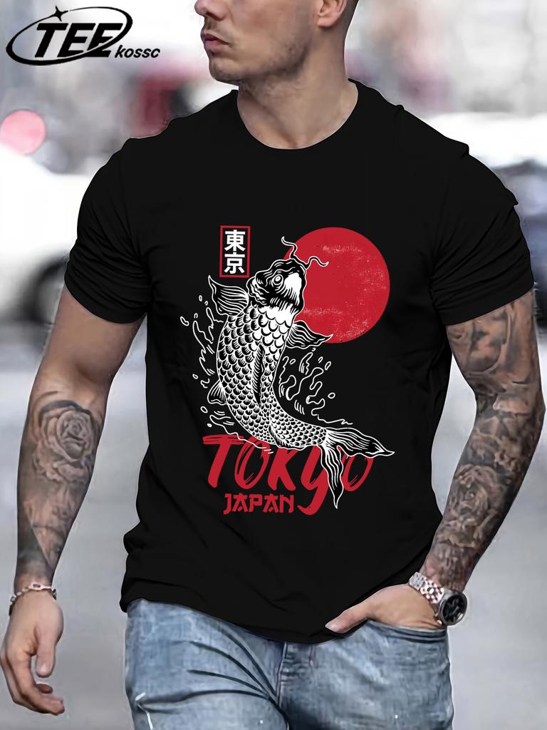 Harajuku Japan Tokyo Sunset Koi T Shirts Men Cotton Summer TShirt Loose Casual Clothes Unisex AllMatch ONeck Short Sleeve