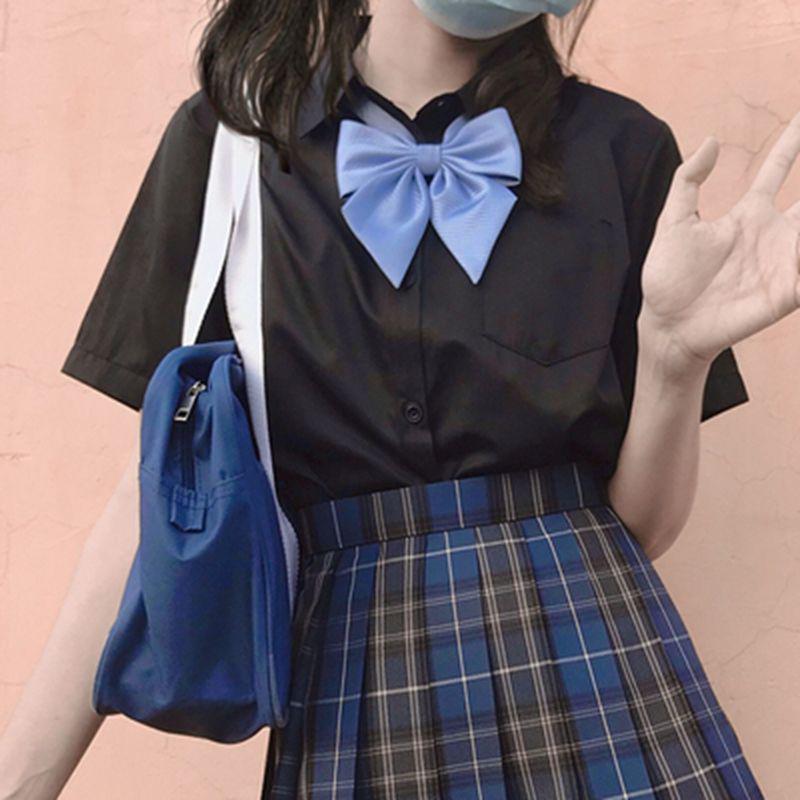 Women's Preppy Style JK Uniform Shirt – Light Blue, Short Sleeve, Perfect for Summer and Autumn.